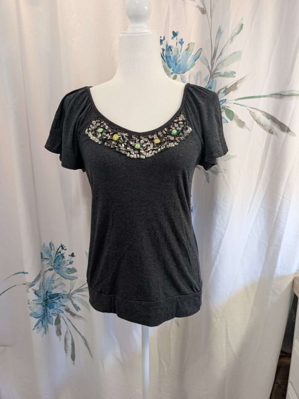 Boho Indie Sleaze Fairy Embellished Beaded Bib Flutter Sleeve Banded Bottom Grey